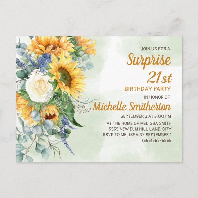 Surprise 21st Birthday Sunflowers Eucalyptus Postcard (Front)