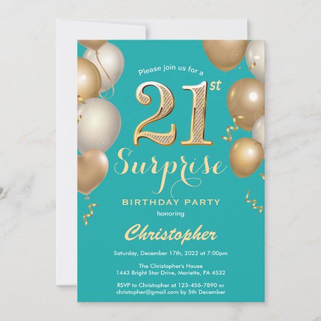 Surprise 21st Birthday Teal and Gold Balloons Invitation (Front)