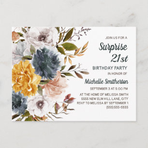 Surprise 21st Birthday Yellow Navy Blue Floral  Postcard