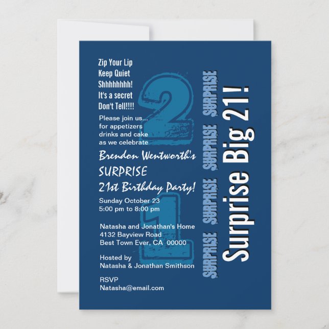 SURPRISE 21st Modern Birthday Navy White Big 21 Invitation (Front)