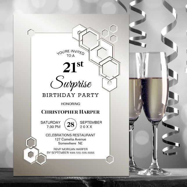 Surprise 21st Silver Geometric Birthday Party Invitation (Creator Uploaded)