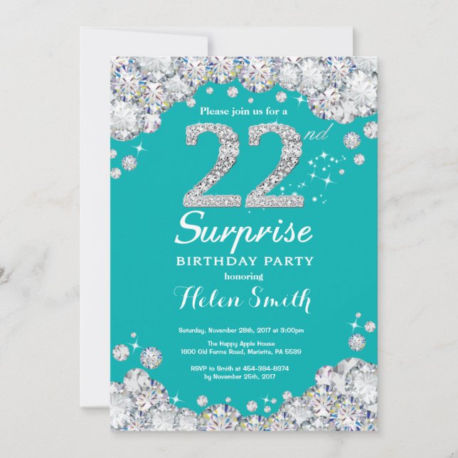 Surprise 22nd Birthday Teal and Silver Diamond Invitation (Front)
