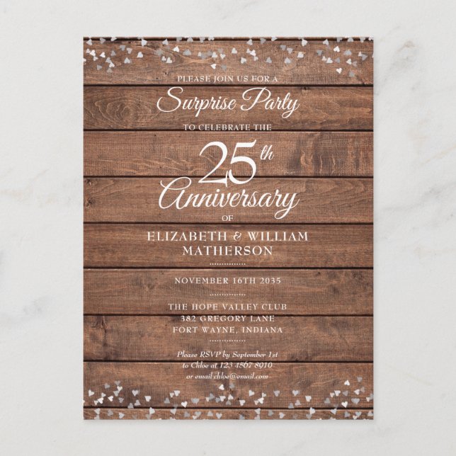 Surprise 25th Anniversary Rustic Silver Hearts Postcard (Front)