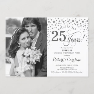 Surprise 25th Anniversary with Photo White Silver Invitation