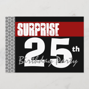 Surprise 25th Birthday Modern Black and Burgundy Invitation