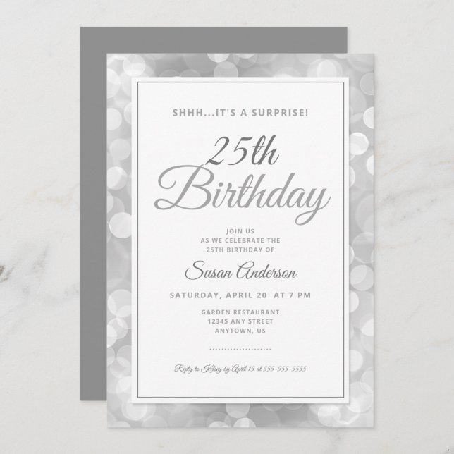 Surprise 25th Birthday Party | Silver Bokeh Invitation (Front/Back)