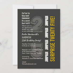 SURPRISE 25th Modern Birthday Grey and Gold Invitation