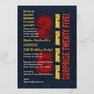SURPRISE 25th Modern Birthday Red Gold Blue W542 Invitation