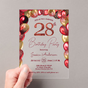 Surprise 28th Birthday Party Gold Burgundy Glitter Acrylic Invitations