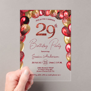 Surprise 29th Birthday Party Gold Burgundy Glitter Acrylic Invitations