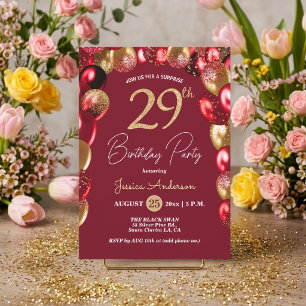 Surprise 29th Birthday Party Gold Burgundy Glitter Invitation