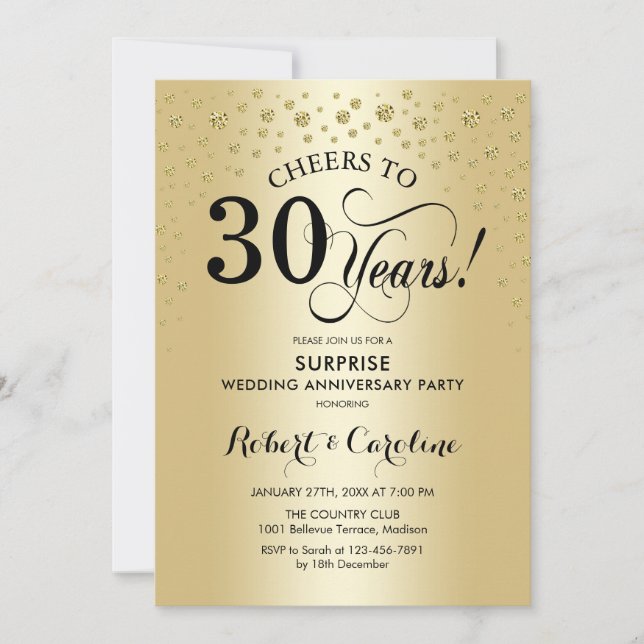 Surprise 30th Anniversary Gold Black Elegant Invitation (Front)