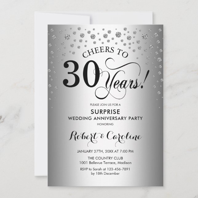 Surprise 30th Anniversary Party Silver Black Invitation (Front)