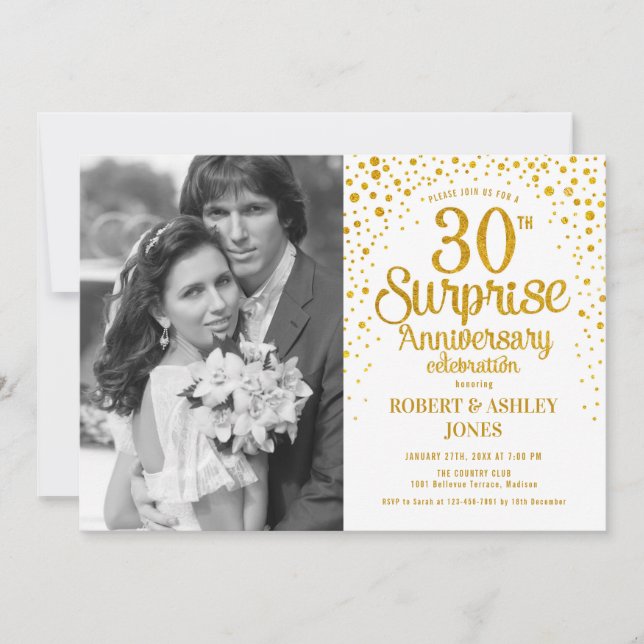 Surprise 30th Anniversary with Photo - White Gold Invitation (Front)