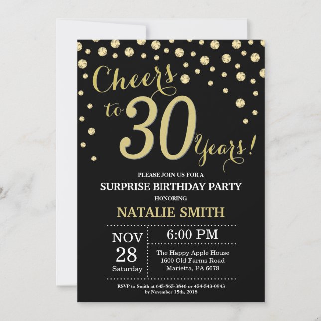 Surprise 30th Birthday Black and Gold Diamond Invitation (Front)