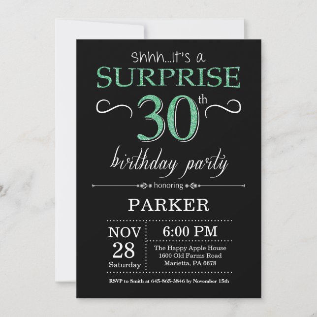 Surprise 30th Birthday Black and Green Glitter Invitation (Front)