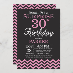 Surprise 30th Birthday Black and Pink Chevron Invitation