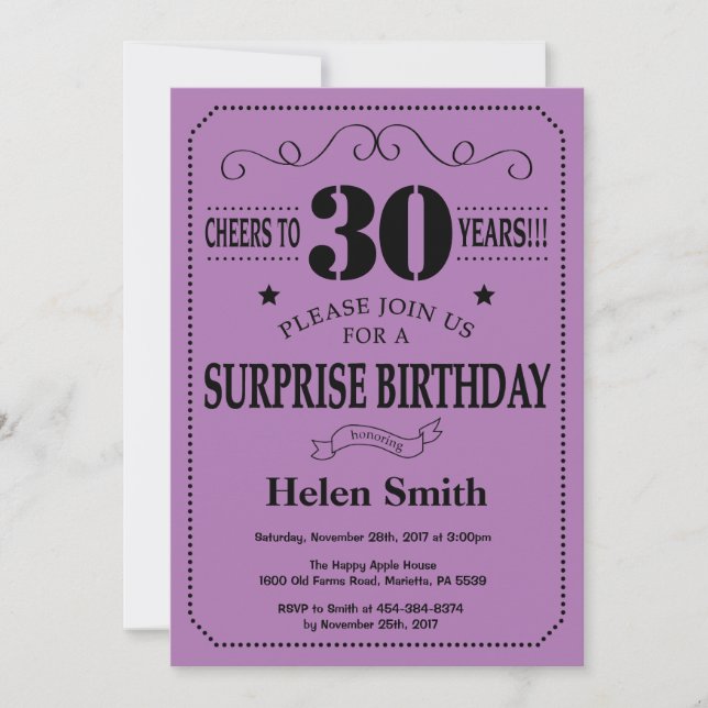 Surprise 30th Birthday Black and Purple Invitation (Front)