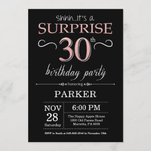 Surprise 30th Birthday Black and Rose Pink Gold Invitation
