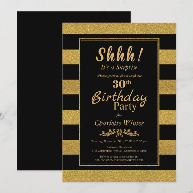 Surprise 30th Birthday Black Gold Striped Party Invitation (Front/Back)