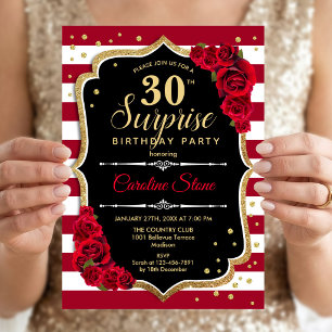 Surprise 30th Birthday - Black White Red Invitation
