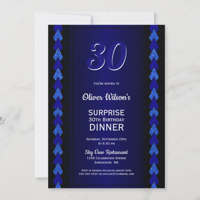 Surprise 30th Birthday Dinner Black and Blue Party Invitation (Front)