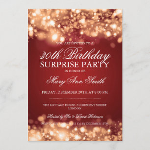 Surprise 30th Birthday Gold & Red Sparkling Lights Invitation
