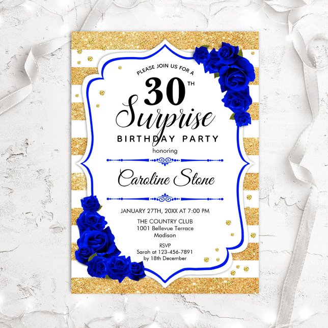 Surprise 30th Birthday - Gold White Royal Blue Invitation (Creator Uploaded)