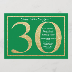 Surprise 30th Birthday Green and Gold Glitter Invitation