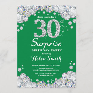 Surprise 30th Birthday Green and Silver Diamond Invitation