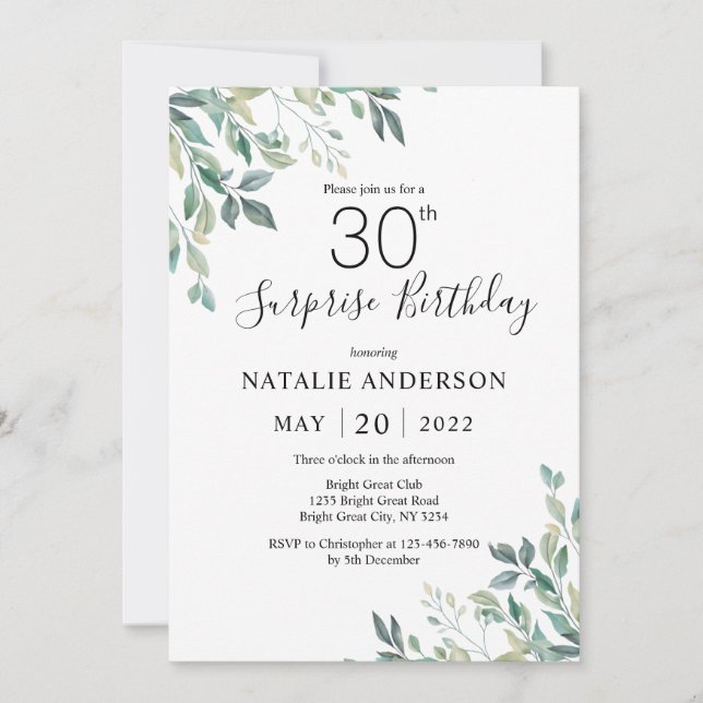 Surprise 30th Birthday Green Eucalyptus Greenery Invitation (Front)