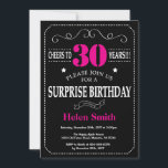 Surprise 30th Birthday Hot Pink and Black Invitation<br><div class="desc">Surprise 30th Birthday Invitation Hot Pink and Black Typography. Chalkboard. Black and White Background. Adult Birthday. Male Men or Women Birthday. Kids Boy or Girl Lady Teen Teenage Bday Invite. 13th 15th 16th 18th 20th 21st 30th 40th 50th 60th 70th 80th 90th 100th. Any Age. For further customisation, please click...</div>