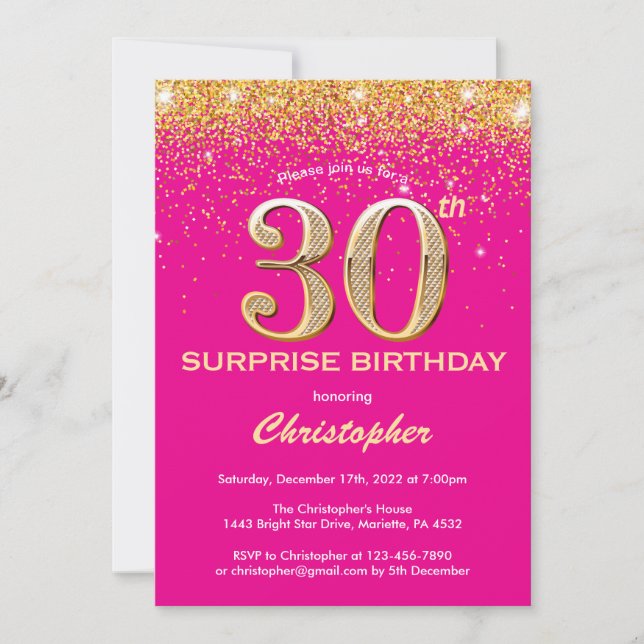 Surprise 30th Birthday Hot Pink and Gold Glitter Invitation (Front)