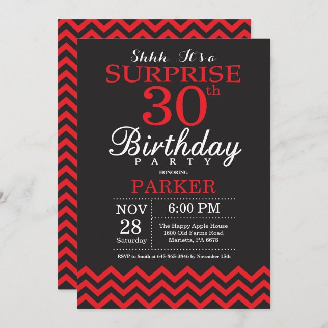 Surprise 30th Birthday Invitation Black and Red (Front/Back)