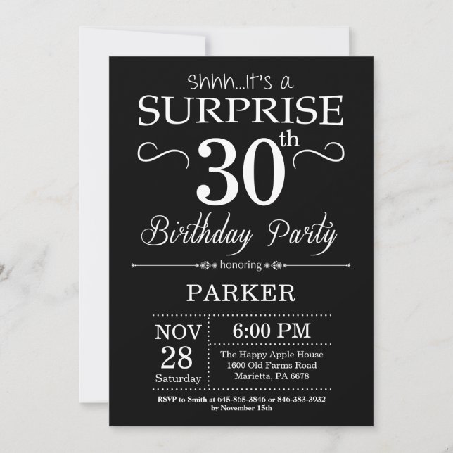 Surprise 30th Birthday Invitation Black and White (Front)
