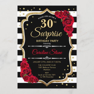 Surprise 30th Birthday Invitation Black White Red