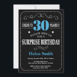 Surprise 30th Birthday Invitation Blue and Black<br><div class="desc">Surprise 30th Birthday Invitation Blue and Black Typography. Chalkboard. Black and White Background. Adult Birthday. Male Men or Women Birthday. Kids Boy or Girl Lady Teen Teenage Bday Invite. 13th 15th 16th 18th 20th 21st 30th 40th 50th 60th 70th 80th 90th 100th. Any Age. For further customisation, please click the...</div>