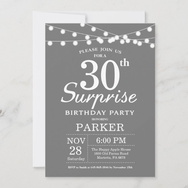 Surprise 30th Birthday Invitation Grey and White (Front)