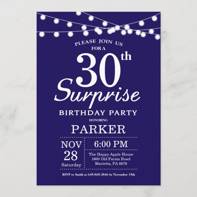 Surprise 30th Birthday Invitation Navy Blue (Front)