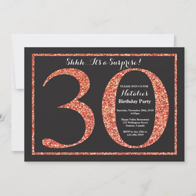 Surprise 30th Birthday Invitation Orange Glitter (Front)