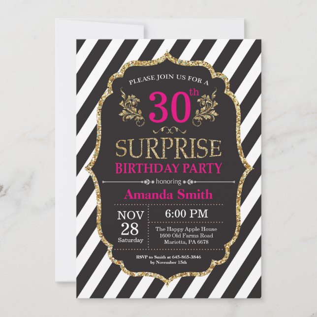 Surprise 30th Birthday Invitation Pink Black Gold (Front)