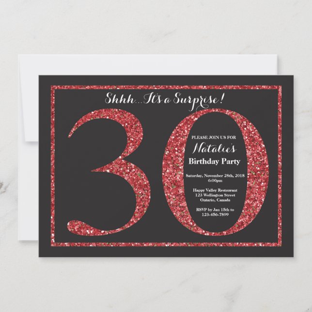 Surprise 30th Birthday Invitation Red Glitter (Front)