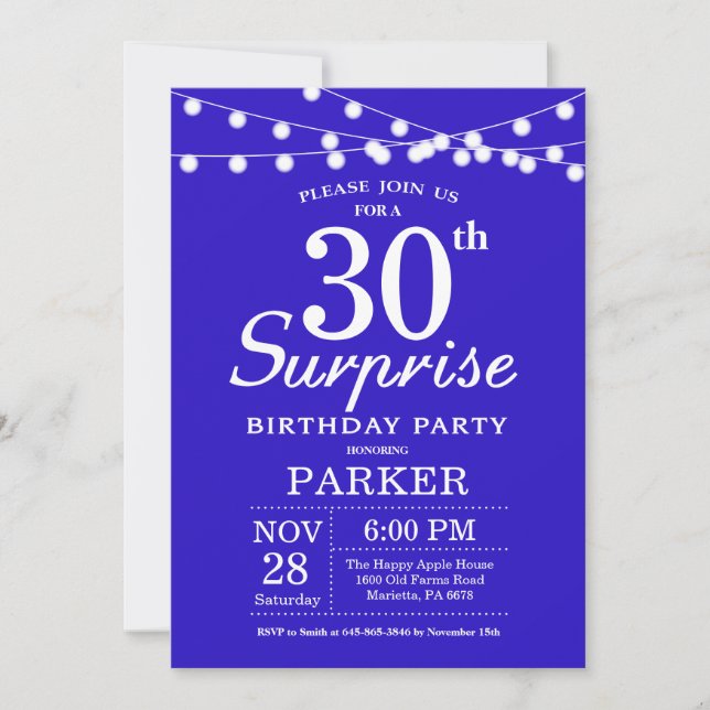 Surprise 30th Birthday Invitation Royal Blue (Front)