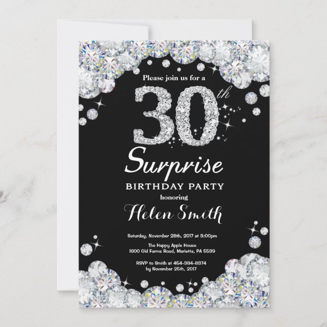Surprise 30th Birthday Invitation Silver Diamond (Front)