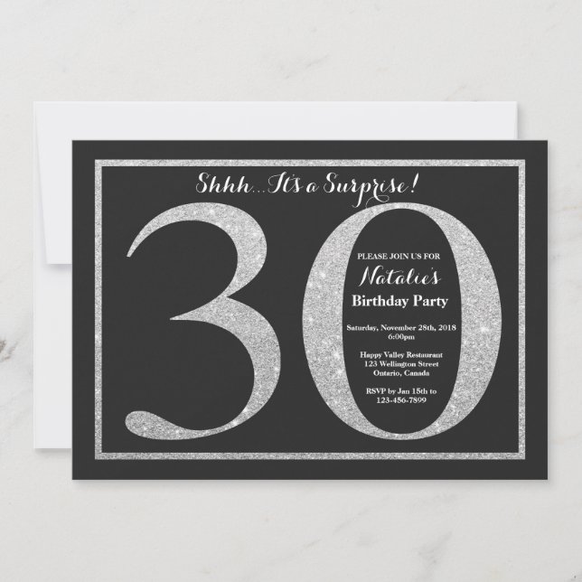 Surprise 30th Birthday Invitation Silver Glitter (Front)