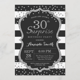 Surprise 30th Birthday Invitation. Silver Glitter Invitation