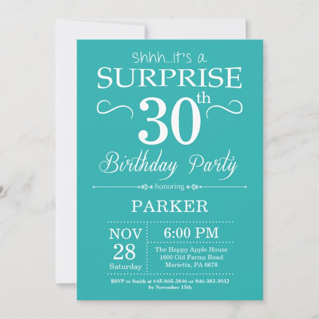 Surprise 30th Birthday Invitation Teal and White (Front)