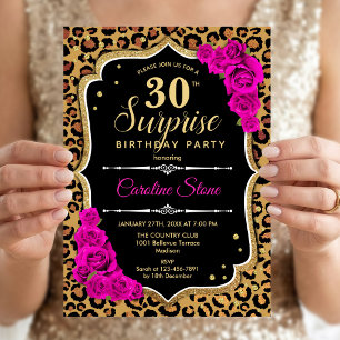 Surprise 30th Birthday - Leopard Black Gold Pink Invitation