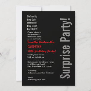 SURPRISE 30th Birthday Modern Black Silver Red Invitation