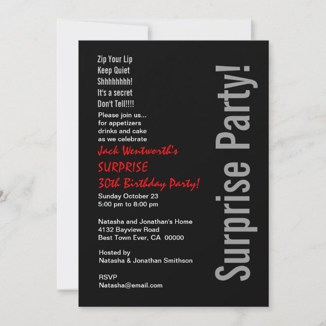 SURPRISE 30th Birthday Modern Black White Red Invitation (Front)